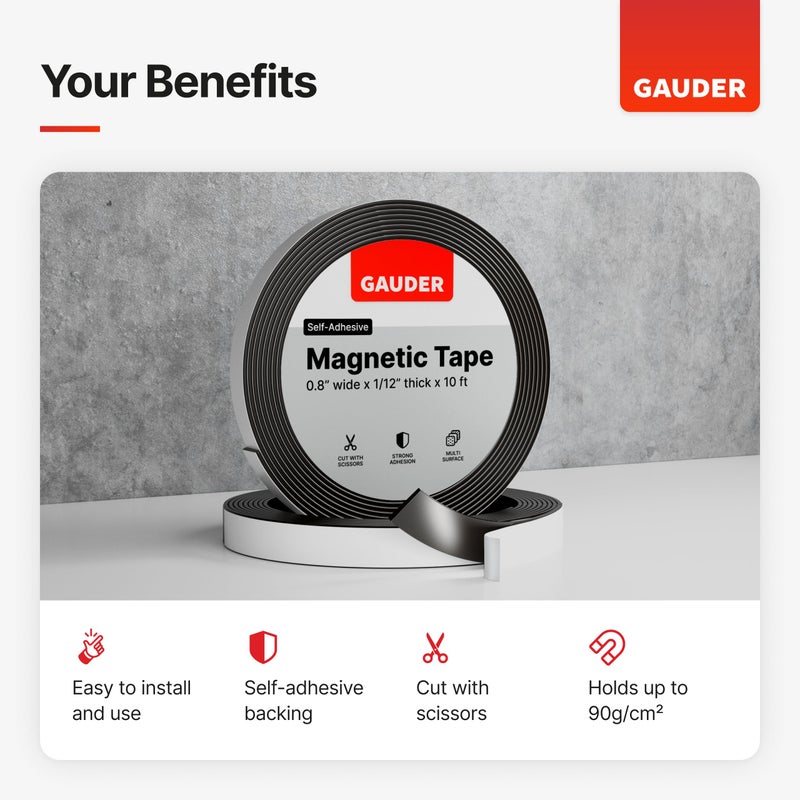 GAUDER Magnetic Tape Self Adhesive (0.6 Inch x 10 Feet) | Magnetic Strips with Adhesive Backing | Magnet Roll - Image 2