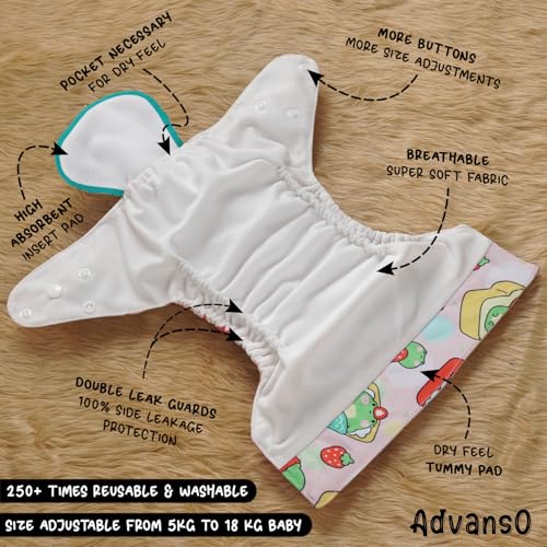 Advanso Leakage Proof cloth diapers for babies, high absorbent 1 reusable diaper 1 insert pad combo pack washable cloth diaper free size 5-18kg adjustable pocket cover A6 - Image 3