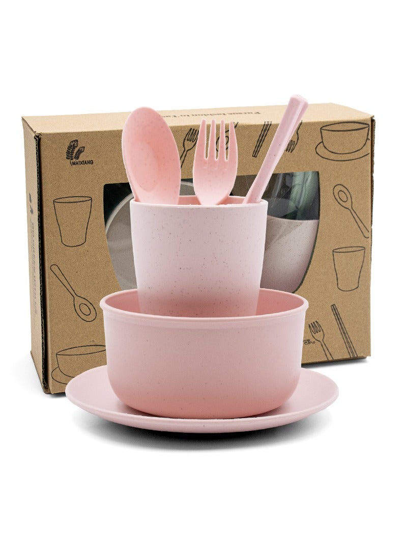 بيرام طقم عشاء من قش القمح من بيرام، 6 قطع للأطفال، أدوات مائدة، أدوات مائدة، آمنة للاستخدام في غسالة الأطباق والميكروويف، مادة صديقة للبيئة مع صندوق هدايا، أدوات مطبخ للاستخدام اليومي، مجموعات أدوات للأطفال - Image 1