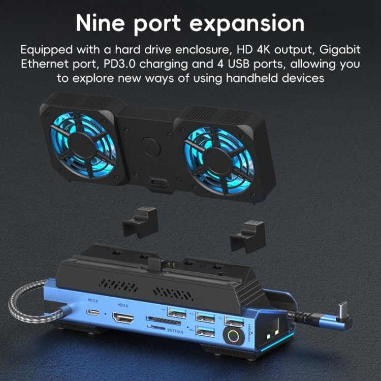 Tobo محطة إرساء للألعاب USB C 9 في 1 مع مراوح تبريد قابلة للفك 4K@60Hz، Ethernet بسرعة 1000Mbs، SD/TF، 4 USB A، شحن PD 100 بسرعة 40Gbps لجهاز Steam Deck/Rog Ally/Switch/Legion Go TD-1406GA - Image 2