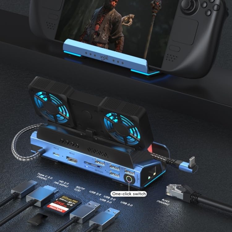 Tobo محطة إرساء للألعاب USB C 9 في 1 مع مراوح تبريد قابلة للفك 4K@60Hz، Ethernet بسرعة 1000Mbs، SD/TF، 4 USB A، شحن PD 100 بسرعة 40Gbps لجهاز Steam Deck/Rog Ally/Switch/Legion Go TD-1406GA - Image 1