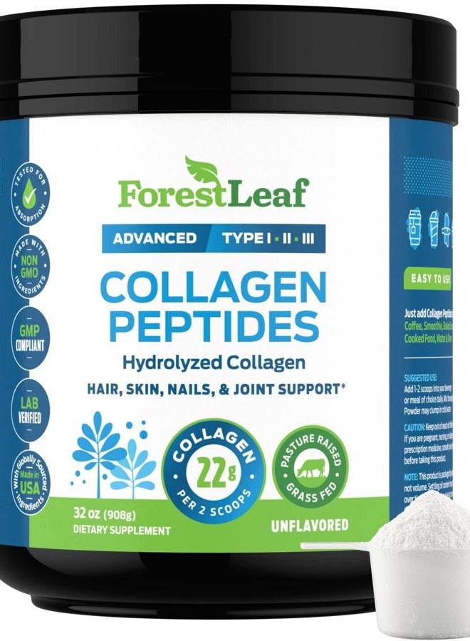 ForestLeaf Collagen Peptides Powder Unflavored - Hydrolyzed Collagen Protein Powder Type 1, 2 & 3 - Grass Fed Keto Collagen Powder for Women & Men - Vital Hair, Skin, Nails, Joints, Recovery, 11g Per Serving - Image 1