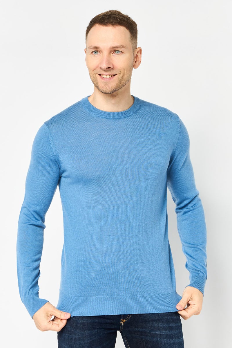 Celio Men Crew Neck Plain Sweater, Blue - Image 1