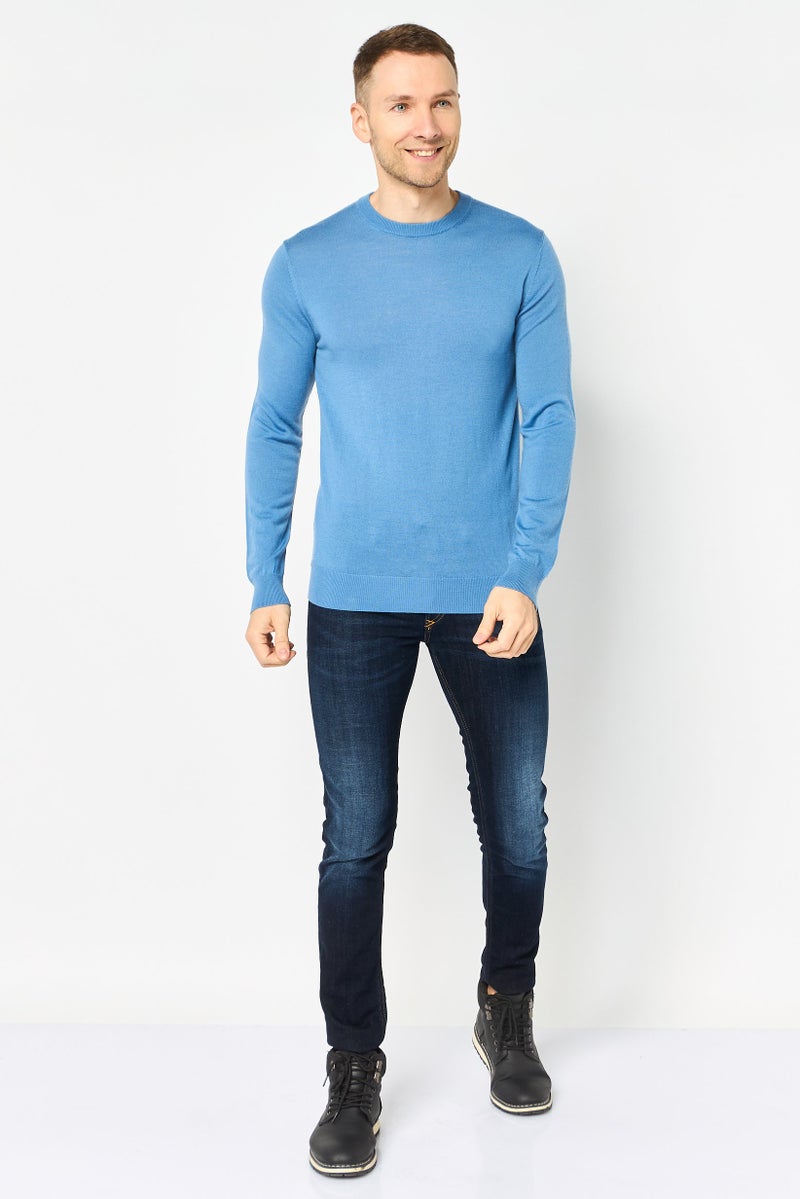 Celio Men Crew Neck Plain Sweater, Blue - Image 2