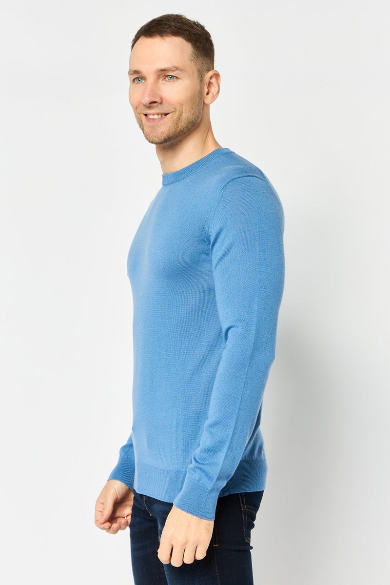 Celio Men Crew Neck Plain Sweater, Blue - Image 3