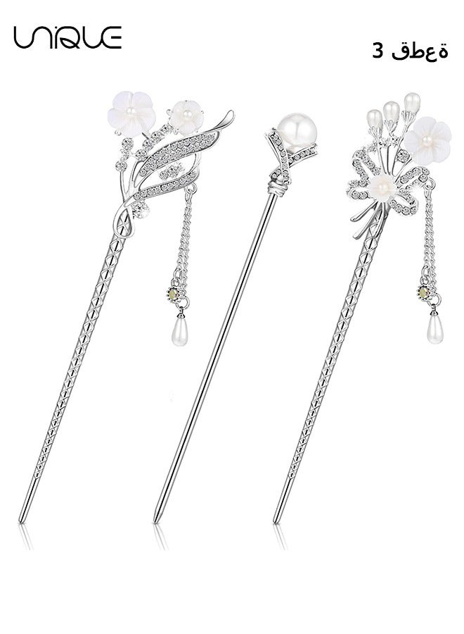 Unique 3 Pieces Rhinestone Pearl Flower Hair Stick Chinese Hair Chopsticks vintage Tassel Hair Pin Chignon Pin Chopsticks Hair Chopsticks for Women Hair Accessories Making for Girl (Chic Style) - Image 1