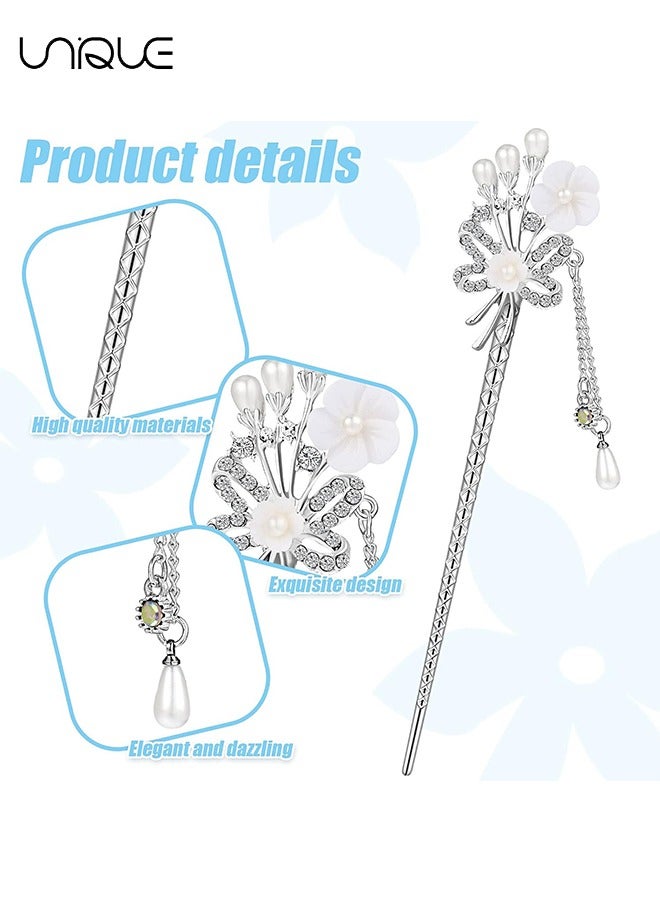 Unique 3 Pieces Rhinestone Pearl Flower Hair Stick Chinese Hair Chopsticks vintage Tassel Hair Pin Chignon Pin Chopsticks Hair Chopsticks for Women Hair Accessories Making for Girl (Chic Style) - Image 3
