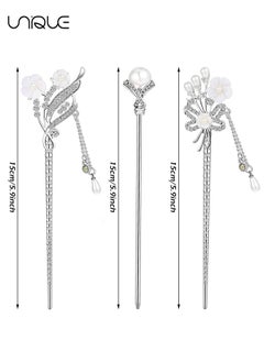 Unique 3 Pieces Rhinestone Pearl Flower Hair Stick Chinese Hair Chopsticks vintage Tassel Hair Pin Chignon Pin Chopsticks Hair Chopsticks for Women Hair Accessories Making for Girl (Chic Style)  - Image 2