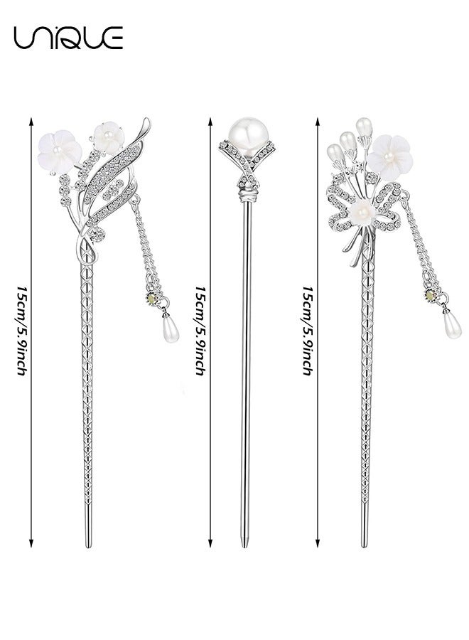 Unique 3 Pieces Rhinestone Pearl Flower Hair Stick Chinese Hair Chopsticks vintage Tassel Hair Pin Chignon Pin Chopsticks Hair Chopsticks for Women Hair Accessories Making for Girl (Chic Style) - Image 2