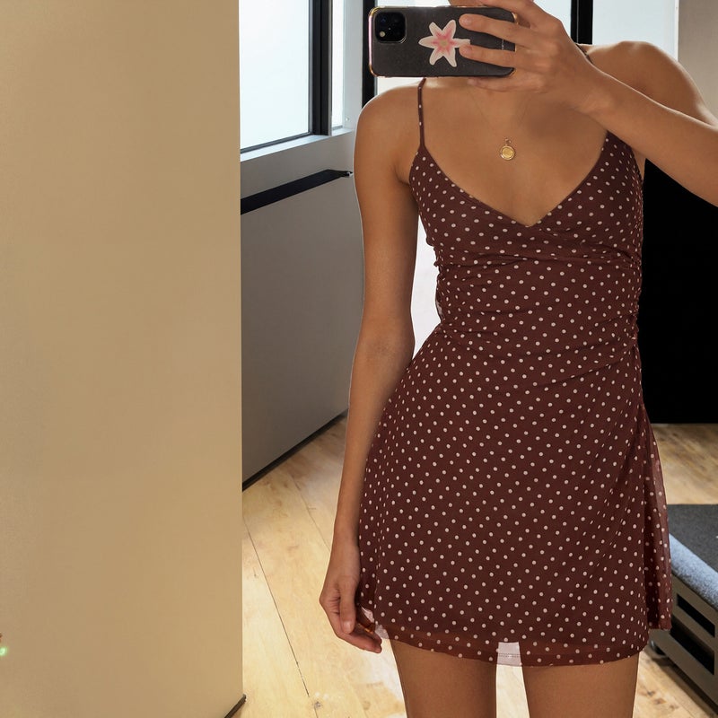 Polka Dot V-Neck A-Line Camisole Dress with Tie, Slim Fit, Short Length - Image 2