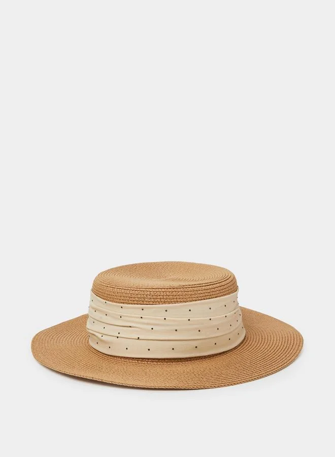 Beige Polka Dot Straw Boater Hat