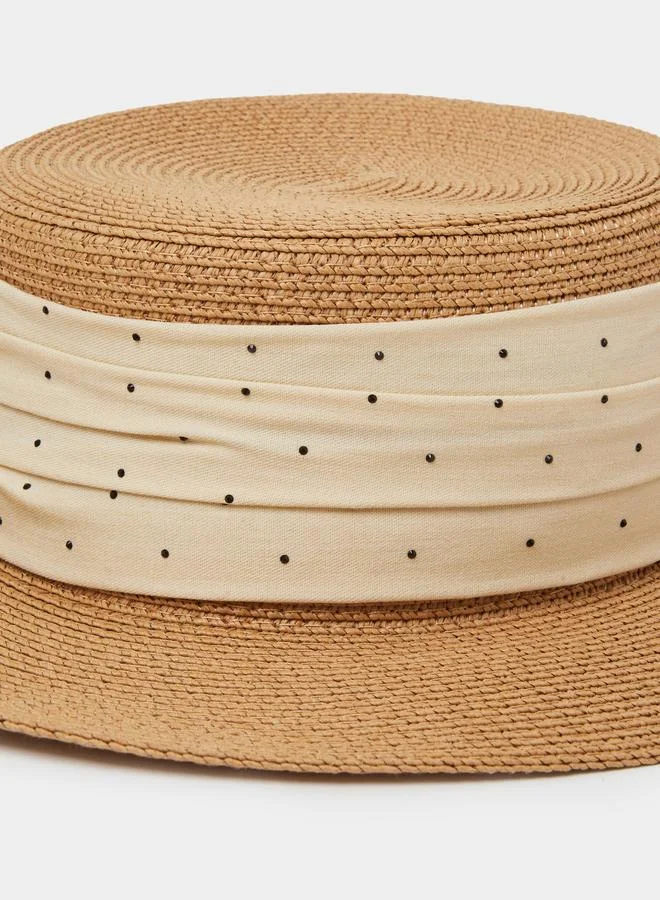 Styli  Beige Polka Dot Straw Boater Hat for Women | Best Price UAE