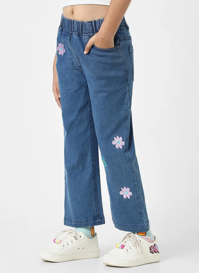 Nautinati Nautinati Girls' Cotton Denim Jeans with Little Flower Appliques