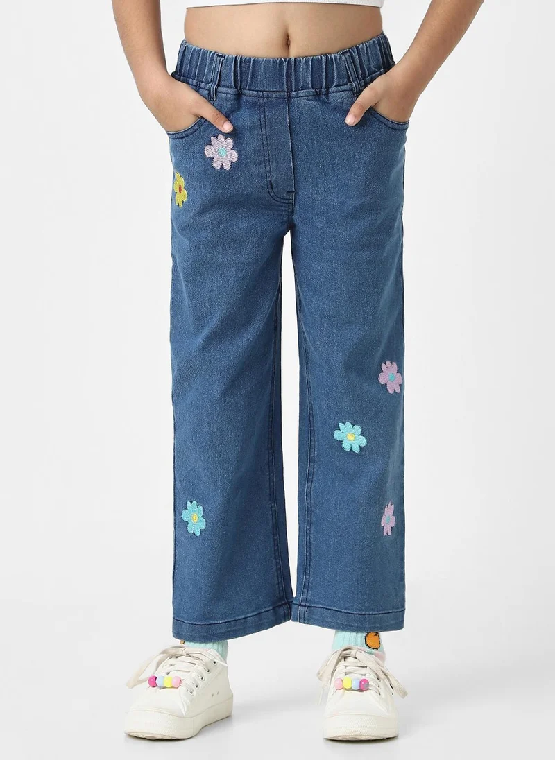 Nautinati Nautinati Girls' Cotton Denim Jeans with Little Flower Appliques