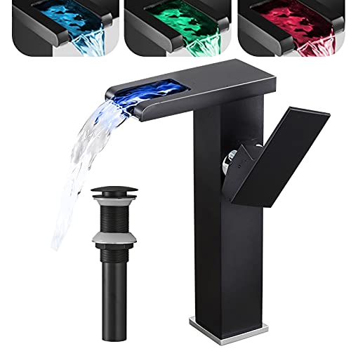 Chiczam Black Bathroom Vessel Faucet Led Light 3 Color Changing Waterfall Single Handle One Hole Bowl Sink Faucet Vanity Lavatory Deck Mount Mixer Tap Tall with Pop Up Drain Without Overflow and Supply Lines - Image 1