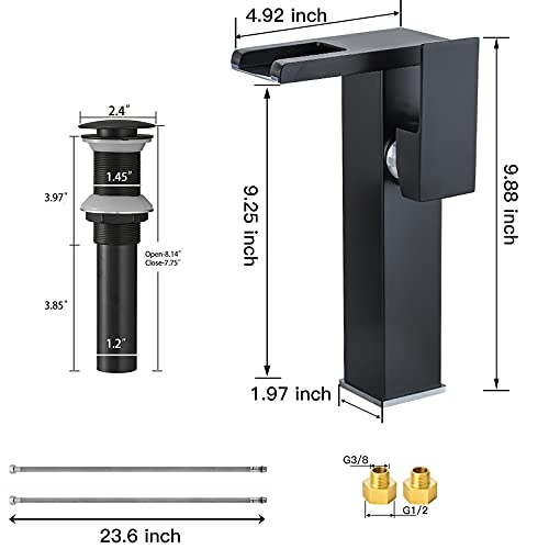 Chiczam Black Bathroom Vessel Faucet Led Light 3 Color Changing Waterfall Single Handle One Hole Bowl Sink Faucet Vanity Lavatory Deck Mount Mixer Tap Tall with Pop Up Drain Without Overflow and Supply Lines - Image 2