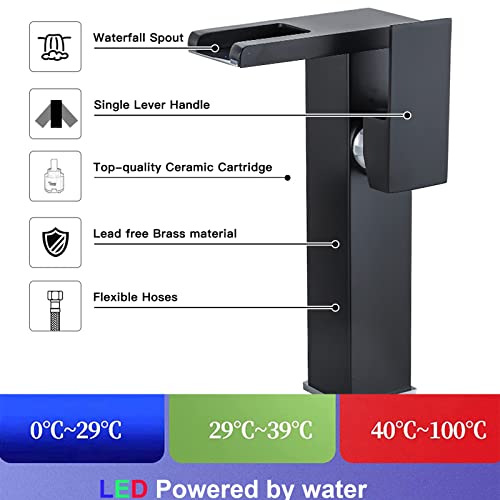 Chiczam Black Bathroom Vessel Faucet Led Light 3 Color Changing Waterfall Single Handle One Hole Bowl Sink Faucet Vanity Lavatory Deck Mount Mixer Tap Tall with Pop Up Drain Without Overflow and Supply Lines - Image 3