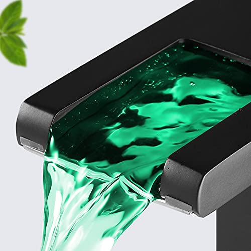 Chiczam Black Bathroom Vessel Faucet Led Light 3 Color Changing Waterfall Single Handle One Hole Bowl Sink Faucet Vanity Lavatory Deck Mount Mixer Tap Tall with Pop Up Drain Without Overflow and Supply Lines - Image 5