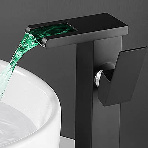 Chiczam Black Bathroom Vessel Faucet Led Light 3 Color Changing Waterfall Single Handle One Hole Bowl Sink Faucet Vanity Lavatory Deck Mount Mixer Tap Tall with Pop Up Drain Without Overflow and Supply Lines - Image 4