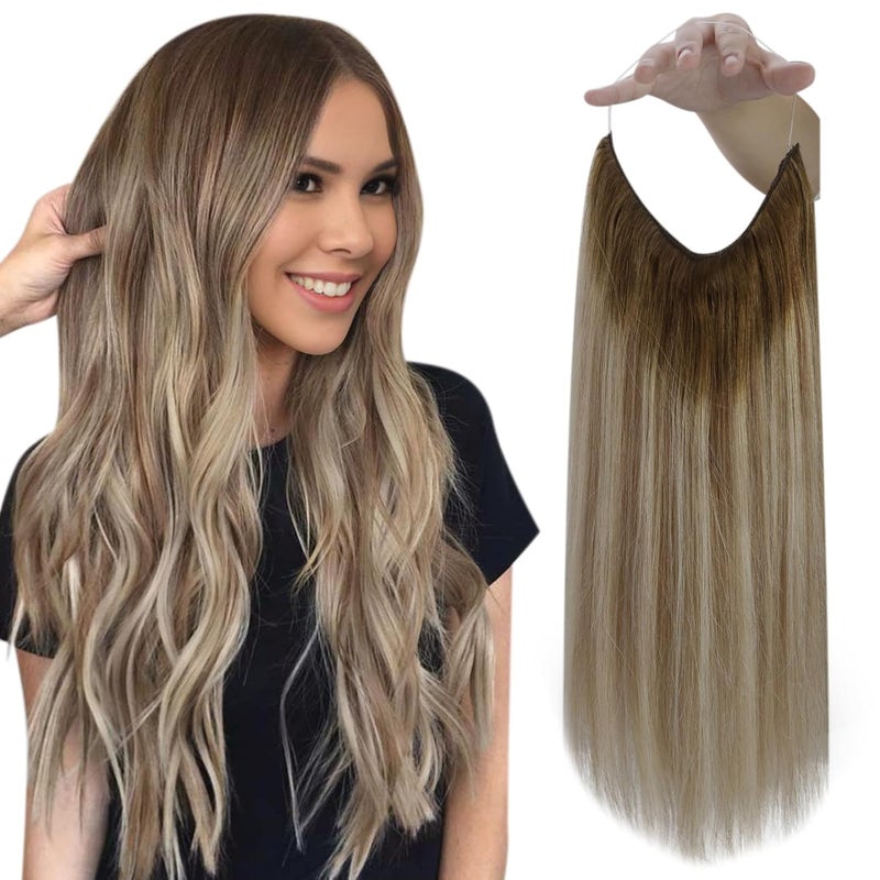 Fshine Invisible Wire Hair Extensions Real Human Hair Brown to Ash Brown and Blonde Fish Line Hair Extensions Secret Headband Wire Human Hair Extensions One Piece Hair Extensions Clip Ins 12Inch 70g