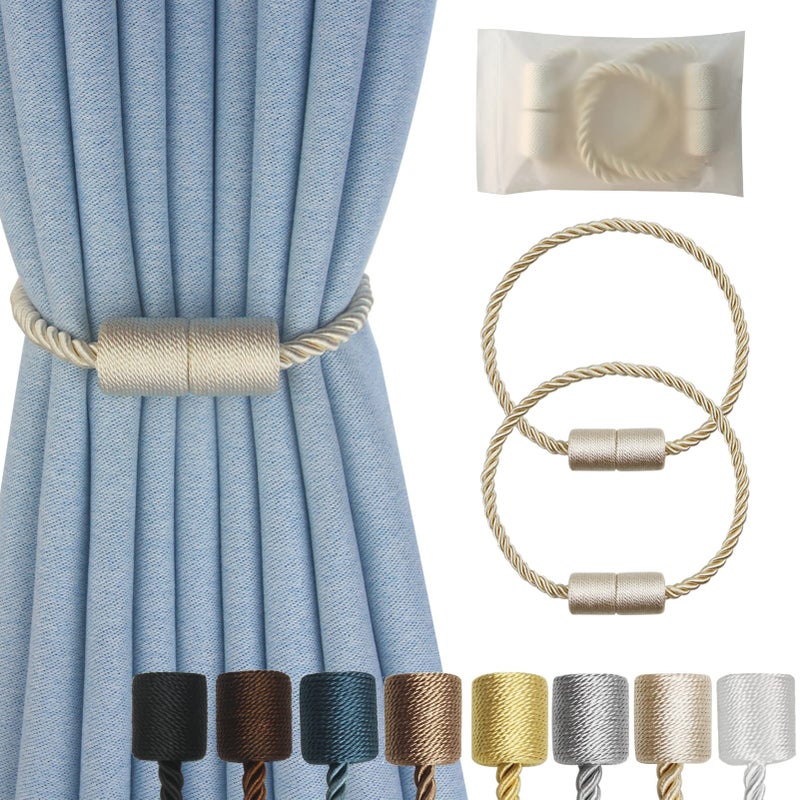 Hangtty Magnetic Curtain Tiebacks 2 Pack Beige Curtain Rope Tieback Curtain Holders for Drapes Modern Tie Backs Decorative Curtain Holdbacks