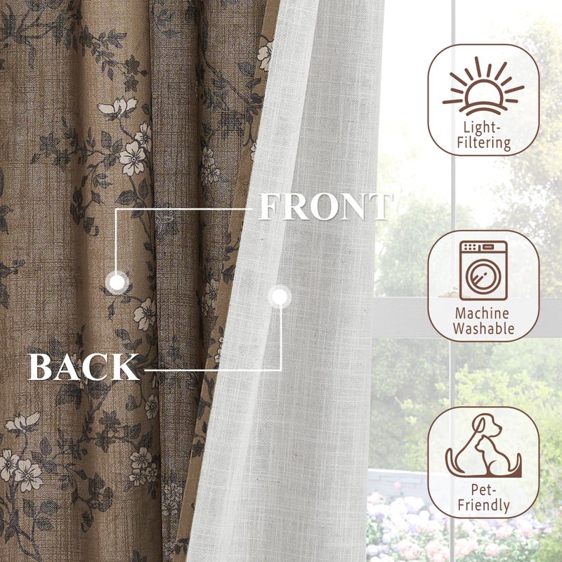 StangH Vintage Floral Curtains French Country Linen Texture Light Filtering Printed Drapes Victorian Decor for Living Room/Bedroom/Dining Room, W52 x L84, Khaki, 2 Panels - Image 5
