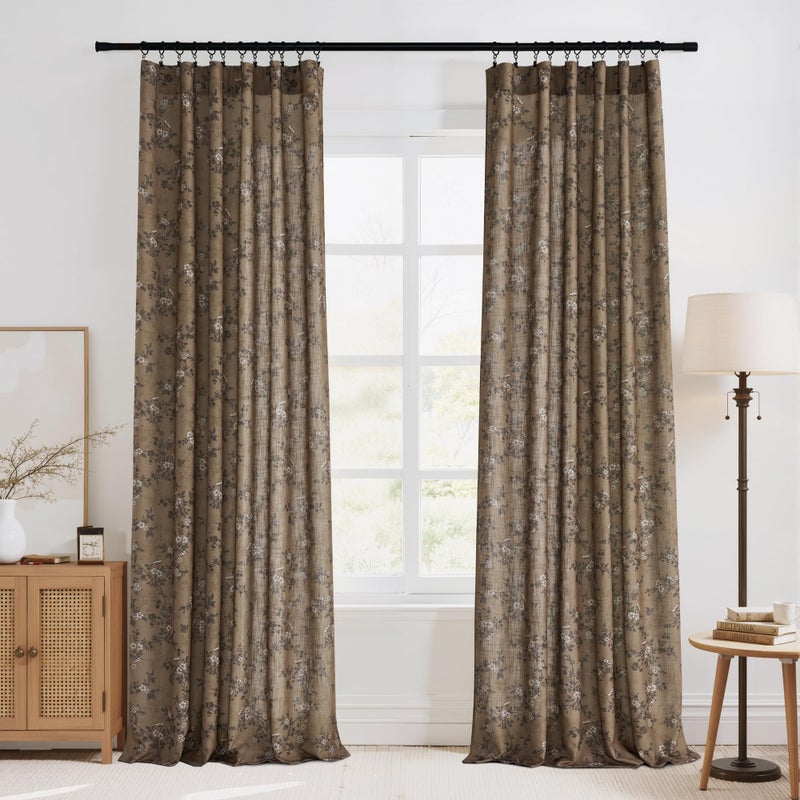 StangH Vintage Floral Curtains French Country Linen Texture Light Filtering Printed Drapes Victorian Decor for Living Room/Bedroom/Dining Room, W52 x L84, Khaki, 2 Panels - Image 1
