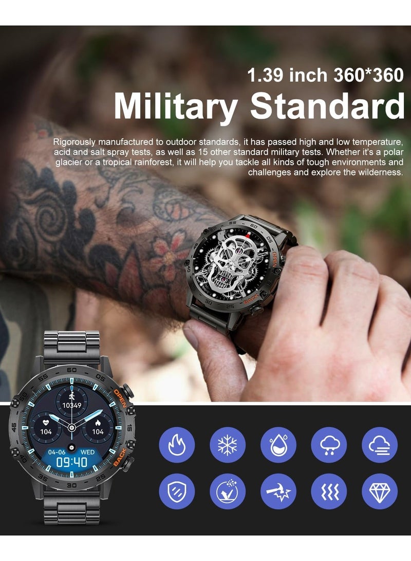 TDZDDYS Smart Watches for Men, 1.39" Military Smartwatch with SpO2, Sleep Monitor, Step Counter, 24/7 Heart Rate, Tactical Fitness Watch with 100+ Sports Modes, Make/Answer Call, Metal Band, Black - Image 3