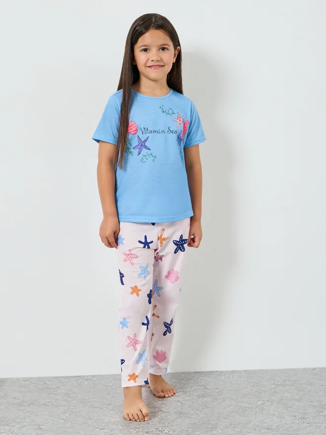 Styli Girls Blue Sea Print Short Sleeve T-Shirt and Pyjama Set
