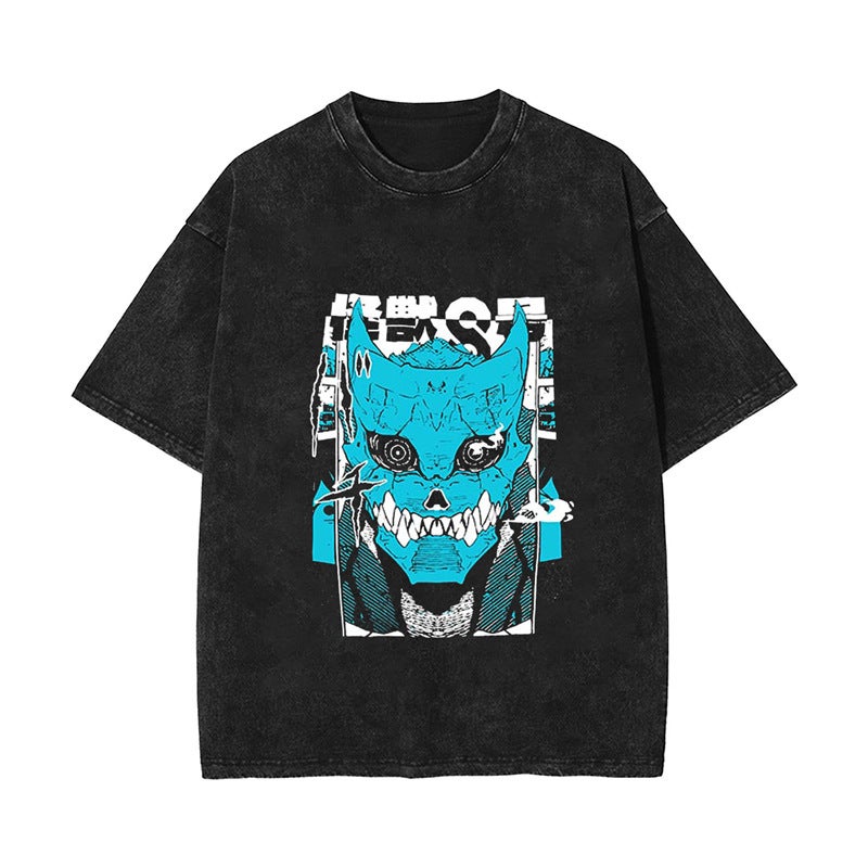 2025 Export New Anime Kaiju No.8 Monster No. 8 Retro Cotton Washed Distressed Short-Sleeved T-Shirt - Image 1
