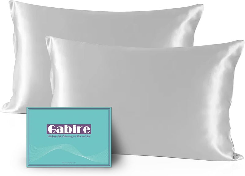 Gabire Mulberry Silk Pillow Cases Set of 2, Both Sides Real Silk Pillow Cover for Hair and Skin Prevent Acne Pillowcase Organic Silk Pillowcase 2 Pack with Hidden Zipper, Silver Grey, Queen (20"×30") - Image 1