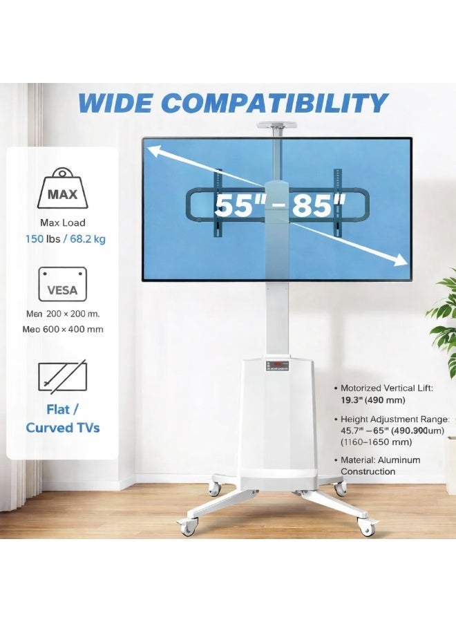 ان بي ايرجونوميك حامل تلفزيون أرضي كهربائي لدعم تلفزيونات LCD أو LED مسطحة من 55 إلى 85 بوصة بوزن يصل إلى 150 رطل، تعديل كهربائي في الارتفاع من 1200 مم إلى 1700 مم، توافق VESA من 200x200 مم إلى 600x400 مم، متنقل مع عجلات ثقيلة، لون أبيض - NB-TW85W - Image 2
