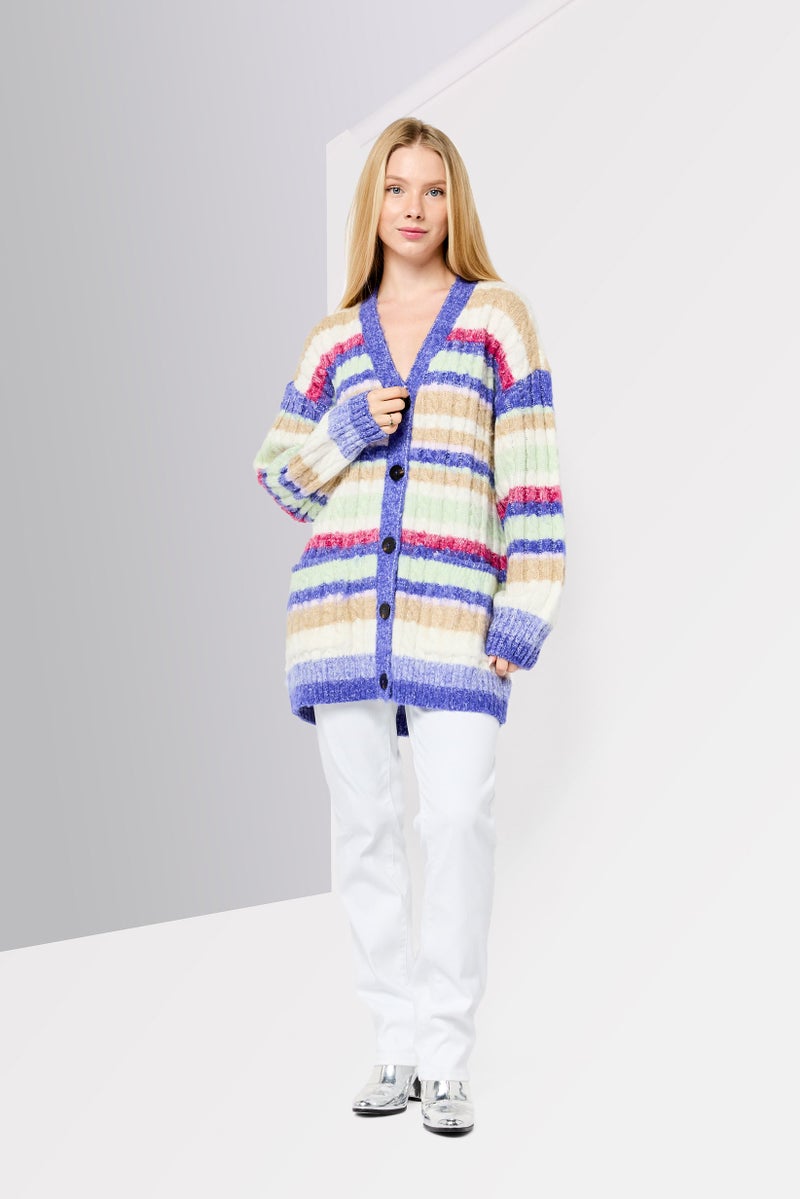 Scotch & Soda Women V-Neck Long Sleeves Yarn Dye Cardigan, Multicolor  - Image 2