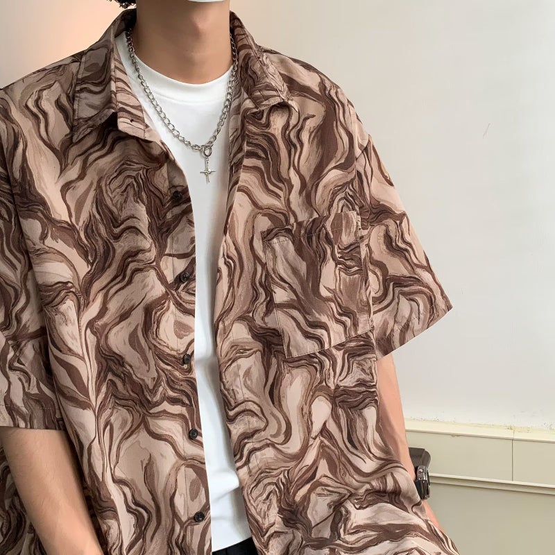 Floral Shirt Mens Summer Ins Fashionable Retro High-end Fashionable Loose Casual Lapel Half Sleeve Shirt Neutral Style Brown 