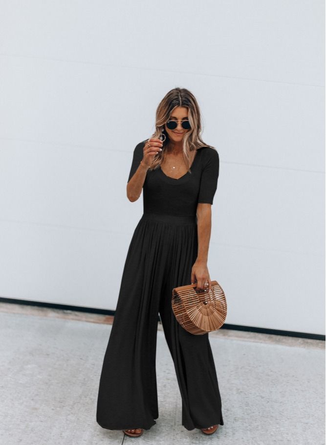 Loquat Women's Solid Color Short Sleeve Wide Leg Loose Jumpsuit 