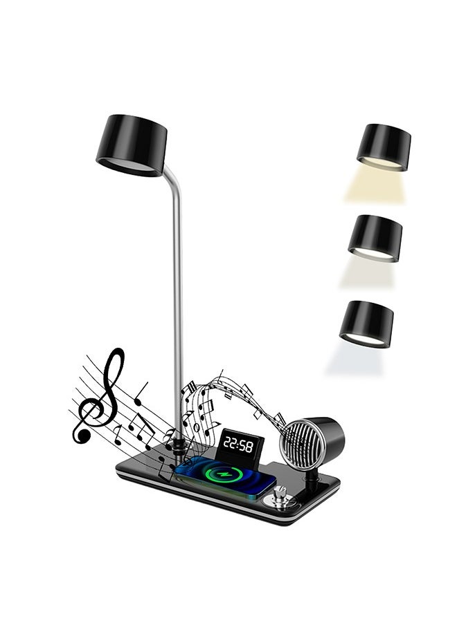 Desk Lamp,4 in 1 Smart LED Table Lamp with Wireless Charger,3 Adjustable Color Temperature,Touch Control Desk Lamp with Bluetooth Speaker,Eye Protection Lamp for Home Office