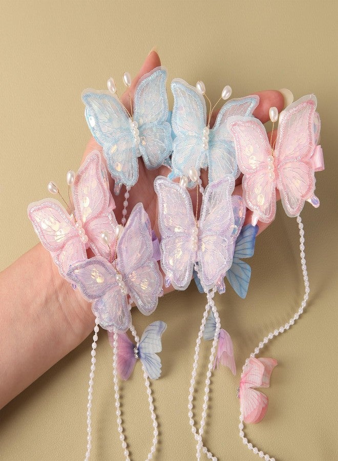 HLTOO 6PCS Butterfly Hair Tassel Clips, Mesh Hair Barrettes with Long Pearl Tassels, Cute Hair Accessories for Women and Girls (Pink, Purple, and Blue) - Image 3
