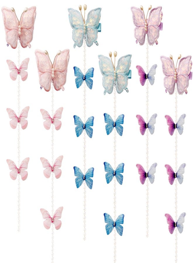 HLTOO 6PCS Butterfly Hair Tassel Clips, Mesh Hair Barrettes with Long Pearl Tassels, Cute Hair Accessories for Women and Girls (Pink, Purple, and Blue) - Image 1