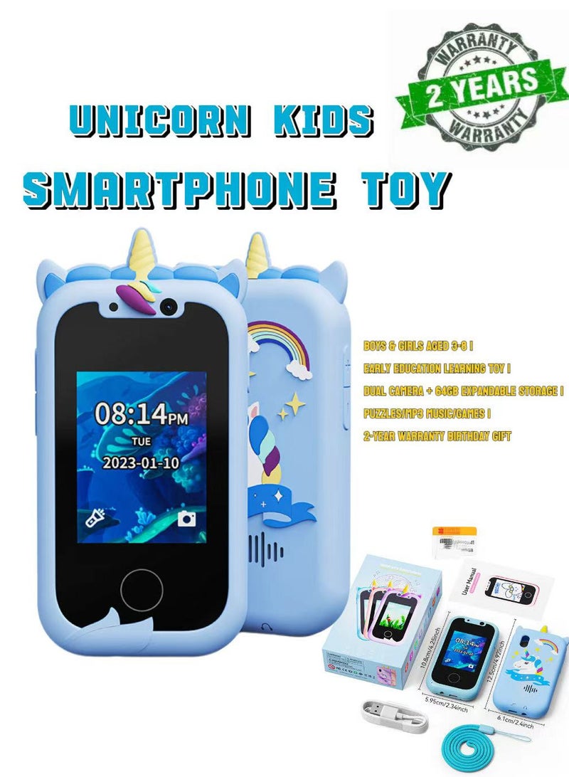 TNGames Unicorn Kids Smartphone Toy for Boys & Girls Aged 3-8 | Early Education Learning Toy | Dual Camera + 64GB Expandable Storage | Puzzles/MP3 Music/Games | 2-Year Warranty Birthday Gift-Blue - Image 1