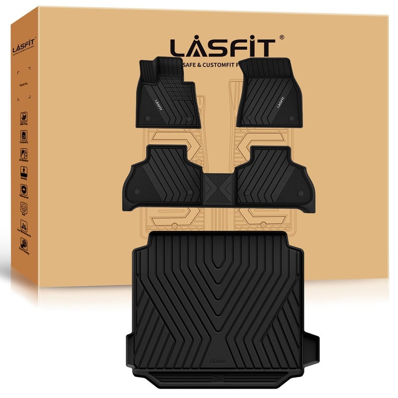 حصائر أرضية LASFIT حصيرة صندوق تناسب BMW X5 2019-2026 40i 45e 50e 50i MM50i M60i جميع الأحوال الجوية TPE مخصصة 1st 2nd صف مجموعة كاملة من حصائر السيارة بطانة الشحن فقط لـ 5 ركاب باللون الأسود