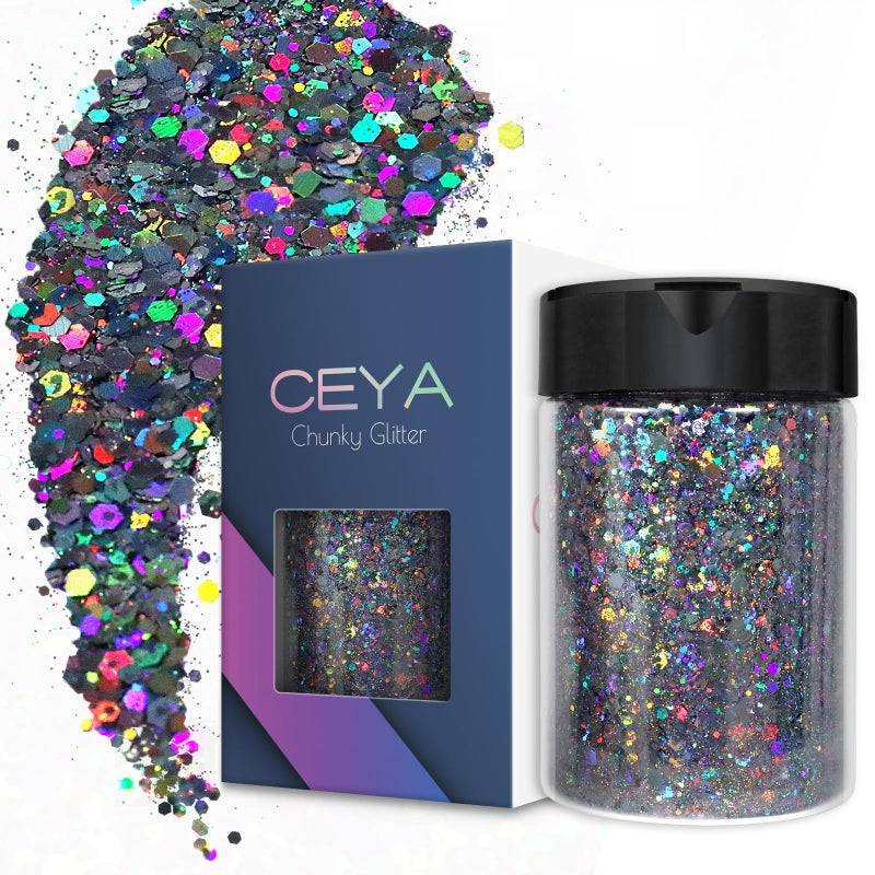 Ceya Holographic Chunky Glitter 49oz 140g Silver Grey Craft Glitter Powder Mixed Chunky Fine Flakes Iridescent Nail Sequins for Nail Hair Epoxy Resin Tumblers Slime Painting Festival Decor