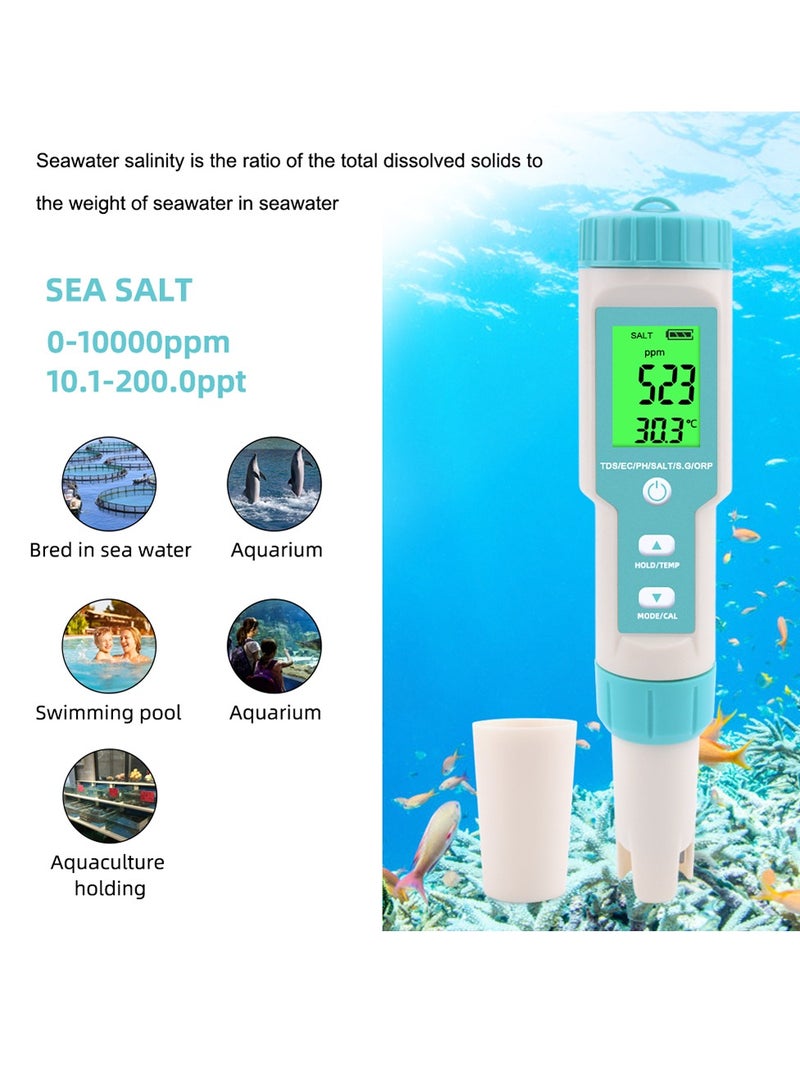 7 in 1 PH/TDS/EC/ORP/S.G/Salinity/Temperature Multi-Parameter Pocket Water Quality Tester with Electrode Replaceable C-600 PH Meter for Pools Drinking Water Aquariums with Backlight - Image 4