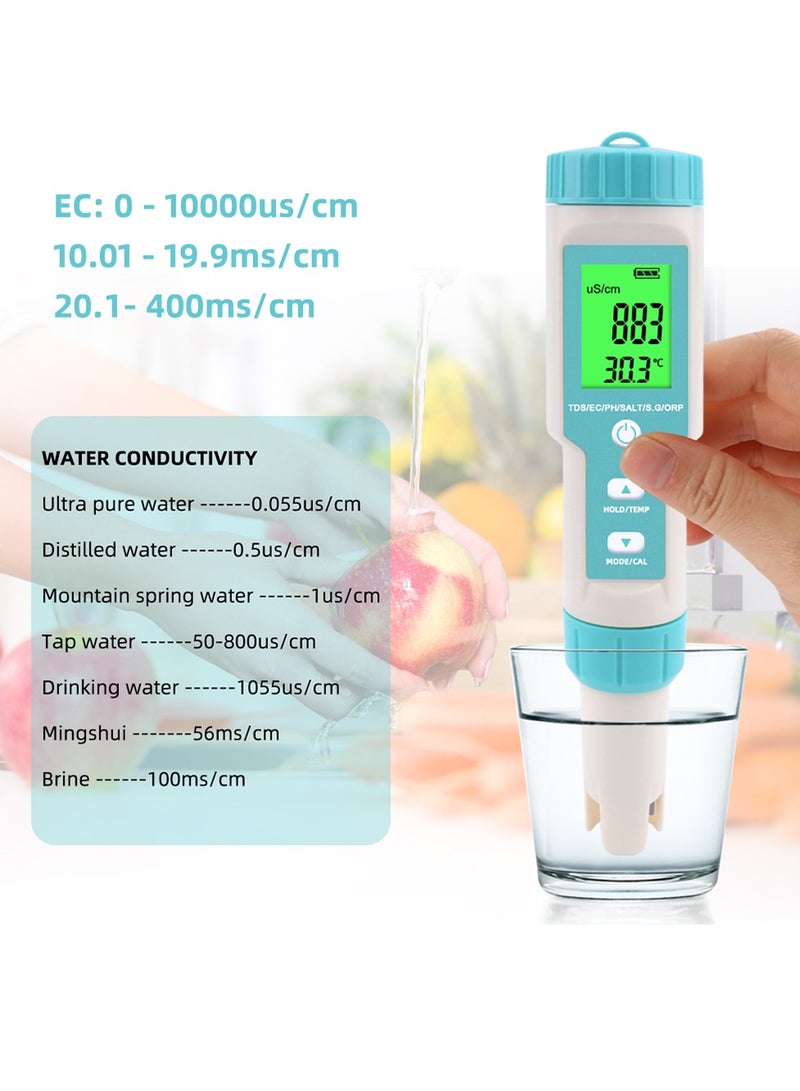 7 in 1 PH/TDS/EC/ORP/S.G/Salinity/Temperature Multi-Parameter Pocket Water Quality Tester with Electrode Replaceable C-600 PH Meter for Pools Drinking Water Aquariums with Backlight - Image 3