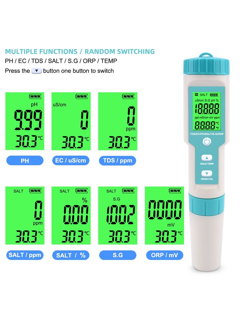 7 in 1 PH/TDS/EC/ORP/S.G/Salinity/Temperature Multi-Parameter Pocket Water Quality Tester with Electrode Replaceable C-600 PH Meter for Pools Drinking Water Aquariums with Backlight - Image 5