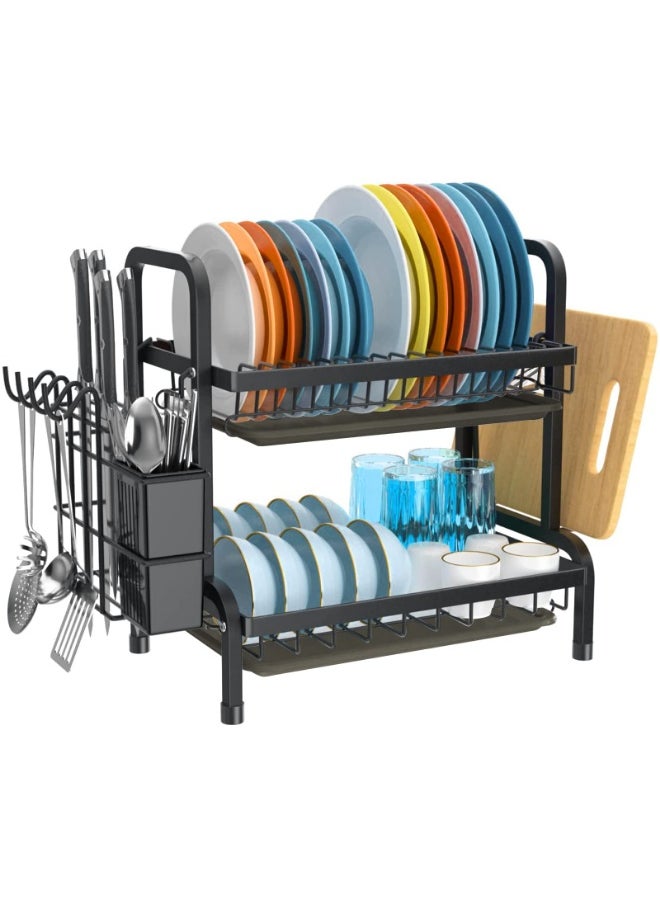 LOKIPA Dish Drying Rack,Carbon Steel Dish Racks for Kitchen Counter, Space Saving Rustproof 2-Tier Dish Drainers Strainer with Drainboard, Utensil Holder, Cups Holder,Detachable,Black  - Image 1