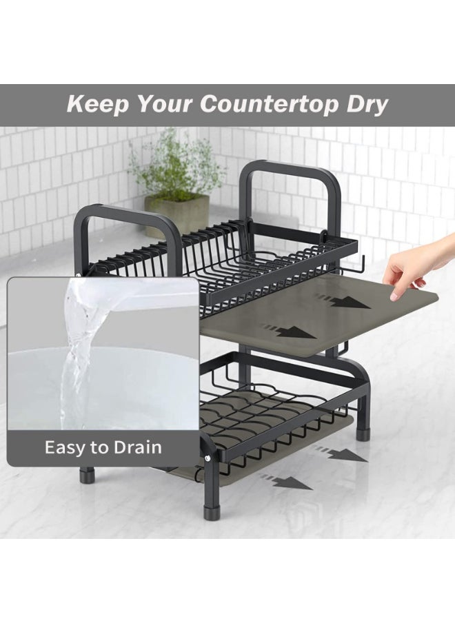 LOKIPA Dish Drying Rack,Carbon Steel Dish Racks for Kitchen Counter, Space Saving Rustproof 2-Tier Dish Drainers Strainer with Drainboard, Utensil Holder, Cups Holder,Detachable,Black  - Image 4