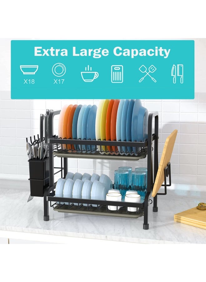 LOKIPA Dish Drying Rack,Carbon Steel Dish Racks for Kitchen Counter, Space Saving Rustproof 2-Tier Dish Drainers Strainer with Drainboard, Utensil Holder, Cups Holder,Detachable,Black  - Image 2