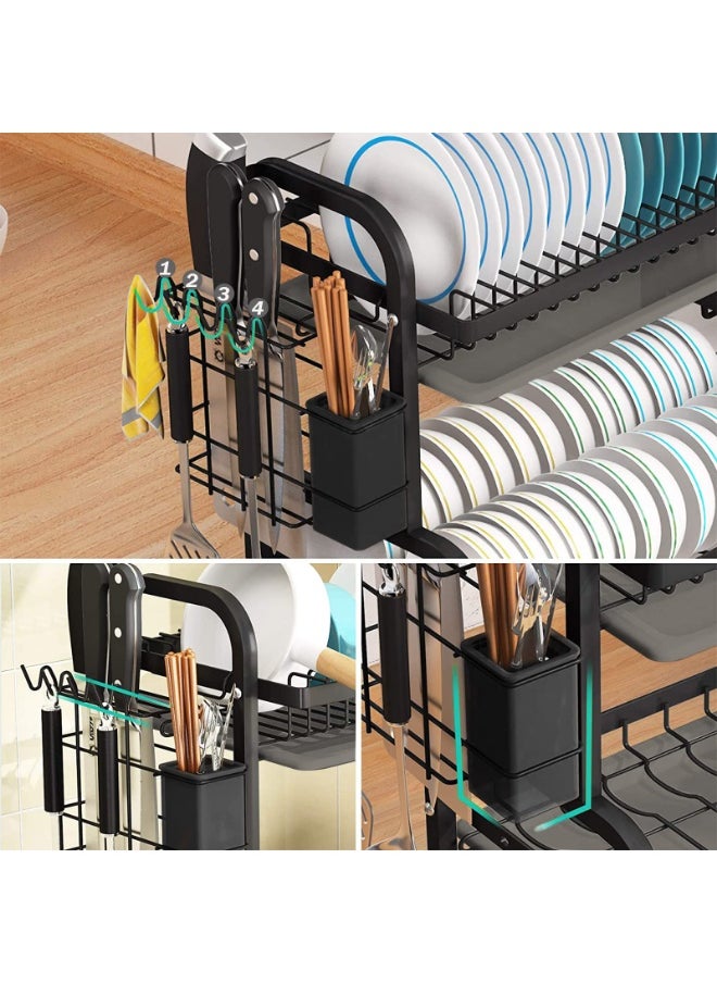 LOKIPA Dish Drying Rack,Carbon Steel Dish Racks for Kitchen Counter, Space Saving Rustproof 2-Tier Dish Drainers Strainer with Drainboard, Utensil Holder, Cups Holder,Detachable,Black  - Image 5