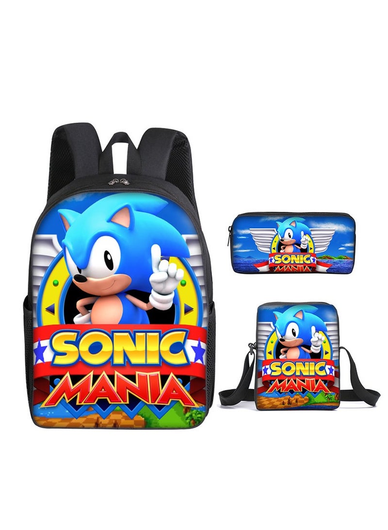 Sonic student large capacity backpack three piece set, anime cartoon backpack, shoulder bag pen bag