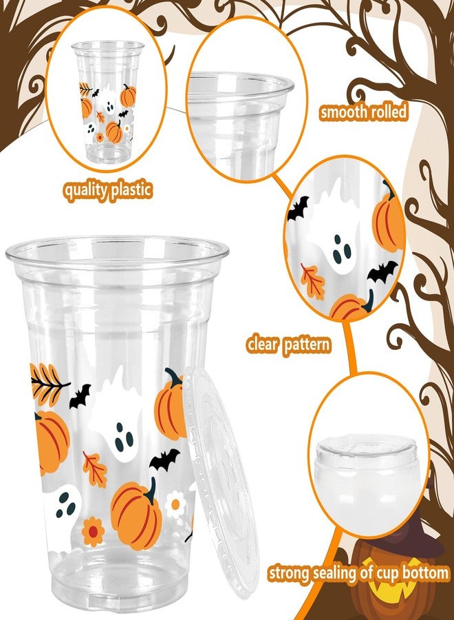 Whaline 50Pcs 12Oz Halloween Plastic Cups with Lids & Straws Pumpkin Ghost Disposable Clear Drinking Cups with Black Ribbon for Birthday Party Supplies - Image 3